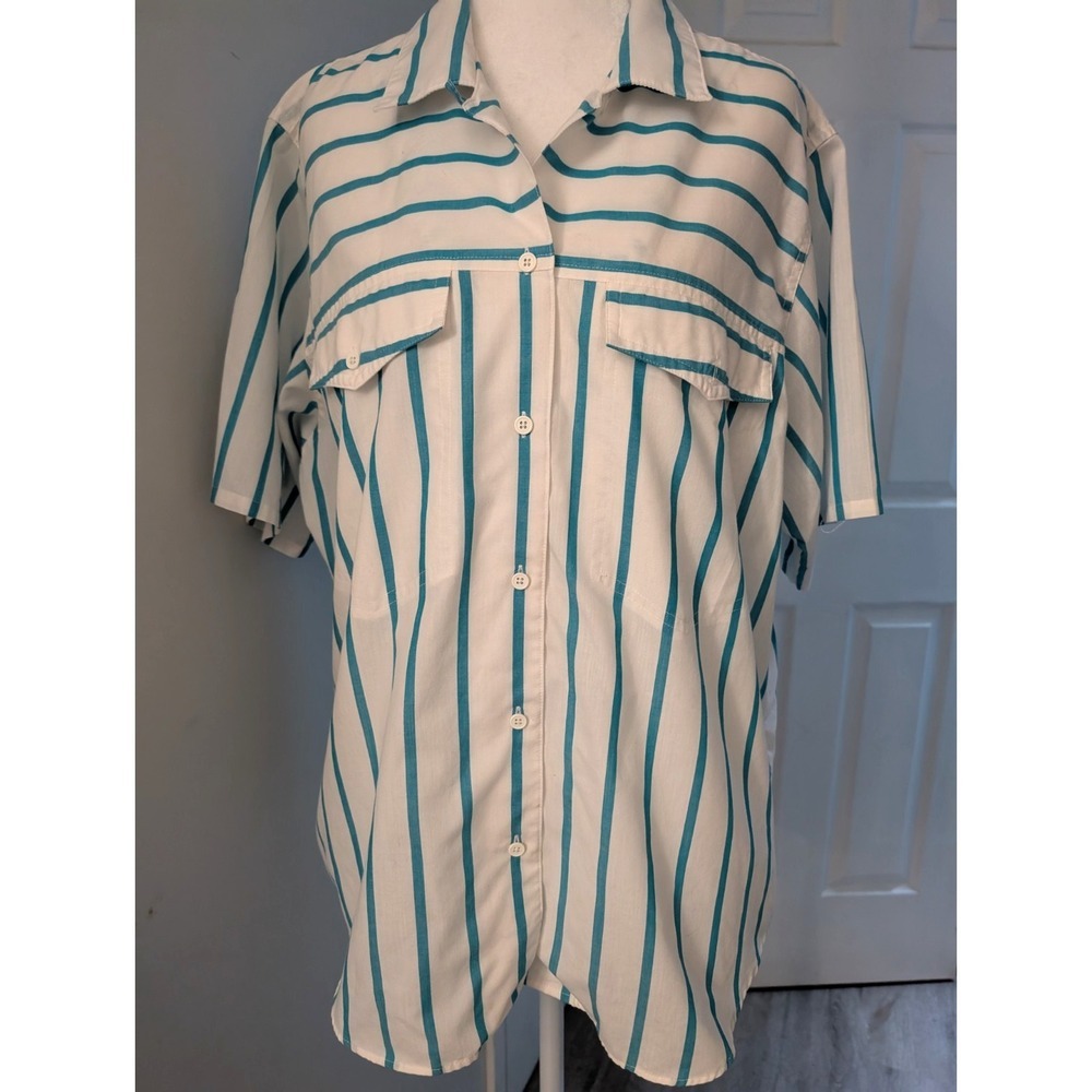 Vintage White & Teal Striped 80's Summer Blouse Short Sleeve Button Down Large